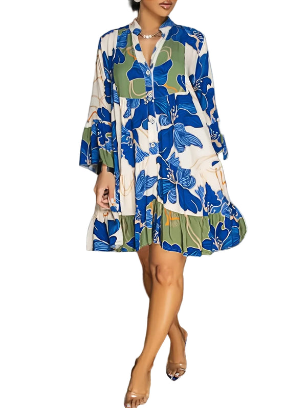 Women's Button-Down Mini Dress with Floral Print